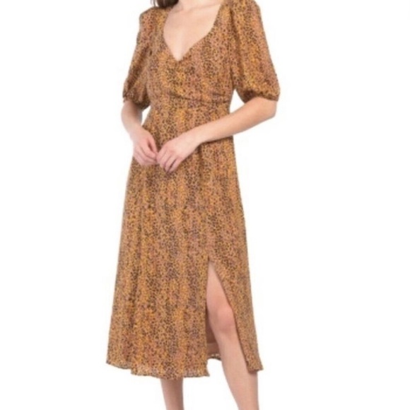 WAYF Women L Leopard Print Boho V-Neck Puff Sleeves Faux Wrap A-Line Midi Dress - Picture 1 of 13